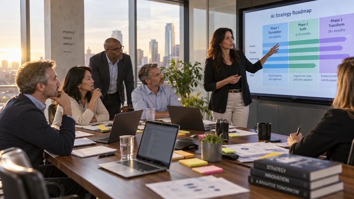 A facilitator walking a leadership team through an AI roadmap in a boardroom