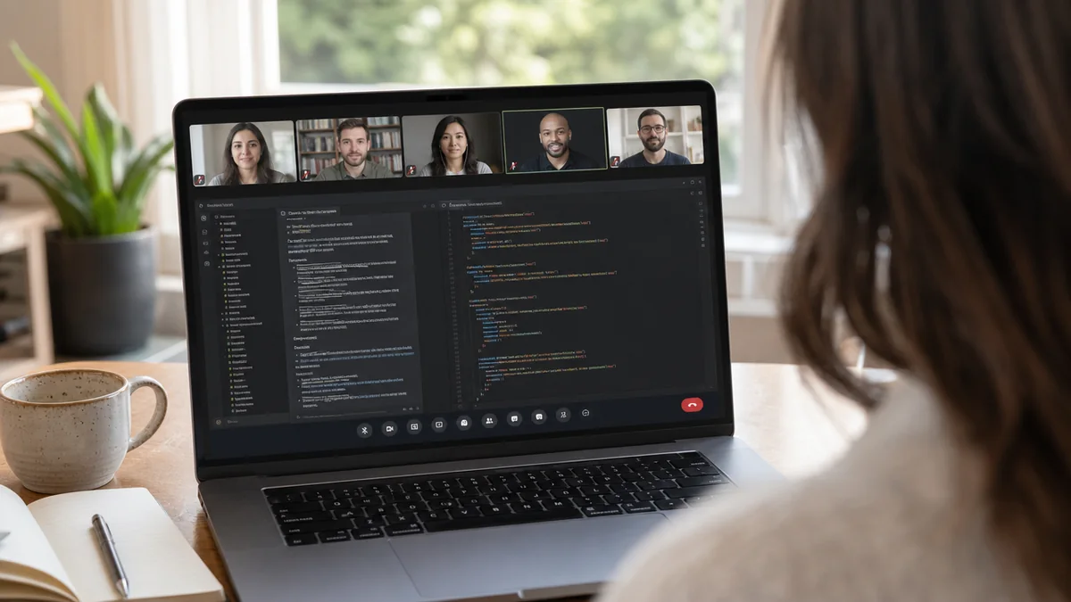 An employee on a video call: a Divigner instructor leads a live online training session, sharing an AI coding workspace