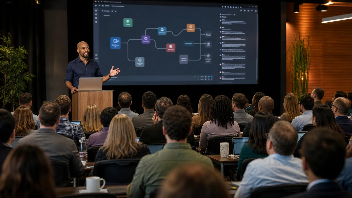 A Divigner instructor at a podium on stage, demonstrating an AI automation builder to a full room of business professionals